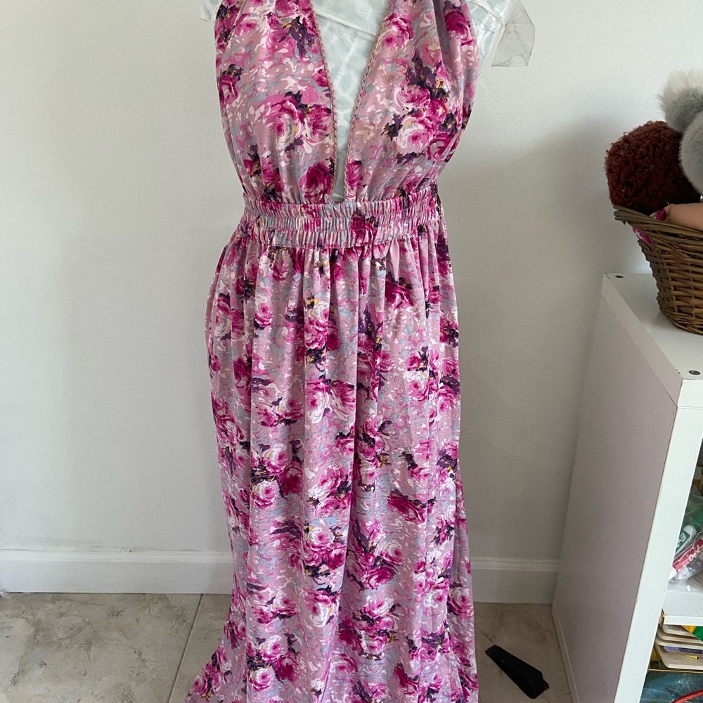 Floral Pink Maxi Dress with Smocked Waist
